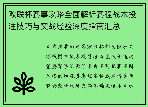 欧联杯赛事攻略全面解析赛程战术投注技巧与实战经验深度指南汇总